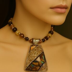 Chunky Beaded Choker Necklace – Large Gold tone Filigree Abstract Pendant - 16"